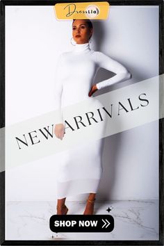 Solid Color High Neck Long Sleeve Skinny Maxi Dress White Stretch Midi Dress For Fall, White Bodycon Dress For Fall, White Chic Midi Dress, White Midi Bodycon Dress For Fall, Fitted White Maxi Dress For Winter, White Fitted Maxi Dress For Winter, White Fitted Winter Maxi Dress, White High Neck Midi Dress For Fall, Chic White Solid Color Bodycon Dress