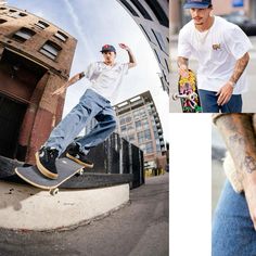 a man riding a skateboard down the side of a cement wall next to a building