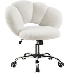 a white office chair with wheels on an adjustable base and casteors, is shown in front of a white background