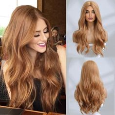 Long Sexy Body Wavy Wig Light Brown Synthetic Wigs Middle Part Heat Fiber Soft, #AD, ##Soft, #Ad, #Fiber, #Heat, #Part Strawberry Blonde Wig, Natural Waves Hair, Dark Roots Blonde Hair, Curly Hair Wig, Hair Replacement, Brown To Blonde, Blonde Wig, Long Wigs, Wigs For Women