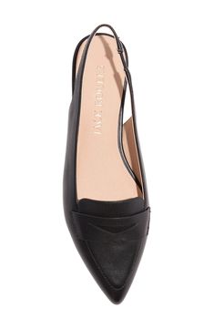 A pointy toe elevates a slingback flat with a sleek, loafer-inspired topline and penny strap. Leather upper and lining/rubber sole Imported Black Slip-on Slingback Pumps For Office, Spring Office Slingback Slip-on Pumps, Elegant Leather Sole Slingback Slip-on Sandals, Leather Slingback Pumps With Flat Heel For Office, Flat Heels With Heel Strap For Work, Flat Heel Workwear Heels With Heel Strap, Business Pointed Toe Flats With Low Heel, Workwear Flat Heels With Heel Strap, Flat Heel Slingback Sandals With Heel Strap For Office