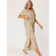 Loose style, can be loungewear and outfits wear, solid color and casual short sleeve shirts and wide-leg pants. Basic but fashionable, and ensuring comfort for all-day wear. These short-sleeved shirt sets feature a round neck and slip wide leg pants, loose fit, adding functionality and style. These pants are high-slip, adding a flowy and fresh feel. Practical loungewear for everyday wear in spring, summer, or fall. With a unique side slip at the pants, a poll on t-shirt style, and good clothes c Short Sleeve Solid Color Summer Sets, Solid Color Lounging Sets For Spring, Spring Solid Color Lounging Sets, Solid Color Spring Lounging Sets, Casual Short Sleeve Plain Sets, Casual Solid Two-piece Top, Casual Solid Color Two-piece Tops, Casual Plain Short Sleeve Sets, Casual Short Sleeve Sets