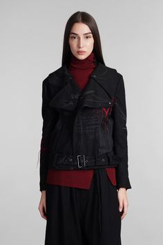 Biker jacket in black wool, large revers, long sleeves, zip closure, belt waist, embroidery on sleeve, side pockets, back embroidery, 80% wool, 10% poliestere, 5& acylic, 5% nylon, fully lined, 100% cupro, Made in Japan, Model is 180 cm and wears a size 1 Black Belted Biker Outerwear, Black Biker Outerwear With Belt, Belted Black Biker Jacket For Spring, Edgy Black Belted Outerwear, Spring Black Belted Biker Jacket, Fitted Long Sleeve Belted Biker Jacket, Winter Black Belted Biker Jacket, Winter Biker Outerwear With Belt, Winter Biker Style Belted Outerwear