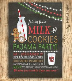 this is a chalkboard poster for a milk and cookies party