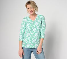 This pretty printed top is oh-so comfortable and equally fashionable. Pair it with your favorite jeans or shorts and feel your absolute best. From Denim & Co.® Fashions. Relaxed Fit Printed Tops With 3/4 Sleeves, Printed Tops With Relaxed Fit And 3/4 Sleeve, Casual Printed Top With 3/4 Sleeves, Casual Printed Tops With 3/4 Sleeve, Womens Chambray Shirt, Studded Denim, Floral Embroidered Top, Cozy Pullover, Black Lace Tops