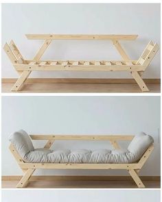 two pictures of a bed made out of wooden planks and mattresses with pillows on them