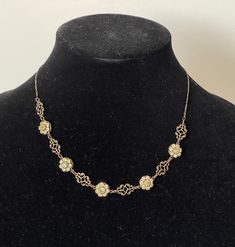 "Liz Palacios SF Swarovski yellow  crystal  floral, filigree  necklace 16\" - 17.5\"  L with clasp,  adjustable  marked with tag: Liz Palacios copyright symbol S.F.  Excellent condition  04/23/24 1979" Yellow Flower-shaped Formal Jewelry, Formal Yellow Flower-shaped Jewelry, Yellow Flower Shaped Jewelry For Formal Occasions, Elegant Adjustable Filigree Necklace, Gold Flower Necklace For Formal Occasions, Vintage Gold Necklaces With Flower Shape, Vintage Gold Flower Shaped Necklace, Adjustable Gold Flower Necklace, Elegant Flower Filigree Necklace