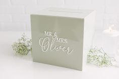 a white box with the words mr and mrs on it