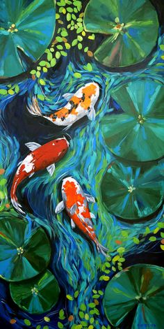 two koi fish are swimming in the pond with lily pads and green water lilies