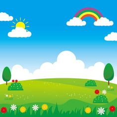 a green field with trees, flowers and a rainbow in the sky