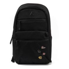 Air Jordan Pin Backpack 'Black' 9A0090-023 Casual Black Bags With Logo Patch, Black Streetwear Bag With Logo Patch, Black Bags With Logo Patch For Daily Use, Black Leather Backpack For Outdoor Activities, Modern Sports Backpack, Casual Black Leather Backpack For Outdoor Activities, Casual Black Leather Backpack For Outdoor, Sporty Black Bag With Logo Patch, Black School Backpack With Logo Patch