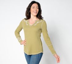 The cotton-rich baby waffle knit makes it so comfy. The Jacobean-style floral embroidery makes it so cute. The combination of the two makes this transitional Kim Gravel top soooo ready for our wear-now, wear-later collection of closet must-haves. So, how about you? From Belle by Kim Gravel. Cotton Waffle Knit Tops For Loungewear, Spring Loungewear Tops With Floral Embroidery, Spring Floral Embroidered Tops For Loungewear, Floral Embroidered Tops For Spring Loungewear, Long Sleeve Cotton Top With Embroidered Hem, Floral Embroidered Cotton Tops For Fall, Long Sleeve Cotton Tops With Embroidered Hem, Fall Cotton Tops With Floral Embroidery, Embroidered Long Sleeve Tops For Loungewear