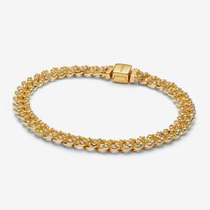 Elevate your look with the Pavé Cuban Chain Bracelet. This 14k gold-plated bracelet features sparkling links in a chain. The top of each half circle is set with three round stones, while the back of the chain is polished for shine and comfort. The bracelet closes with a flat, square-shaped clasp featuring an engraved Pandora logo. - Pandora Pavé Cuban Chain Bracelet - 14k Gold-plated unique metal blend / Cubic Zirconia / Clear - Sz. 7.9 in Pandora Pave, Pandora Logo, Pandora Essence, Cuban Chain Bracelet, Small Bra, Bracelet Tennis, Bracelet Cuir, Half Circle, Gold Plated Bracelets