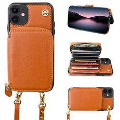 an orange leather case with two wallets and one card holder for the iphone 11