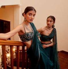 Sanya Gulati | Teal Green Pre-Stitched Saree Set | INDIASPOPUP.COM