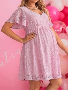 Baby Pink Casual Collar Short Sleeve Knitted Fabric Plain A Line Embellished Non-Stretch  Maternity Clothing Cheap Spring V-neck Maternity Dress, Maternity Dresses Casual Pinkblush Maternity, Spring Pink Nursing-friendly Maternity Dress, Pink Bump-friendly Maternity Dress, Rose Pale, Lace Hem