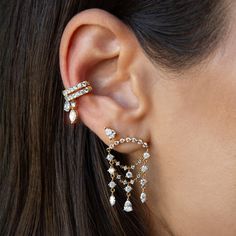 Ear Cuff Styling, Diamond Chandelier Earrings For Pierced Ears, Fine Jewelry Diamond Chandelier Earrings, Dazzling Diamond Pierced Earrings, Glamorous Dangle Diamond Earrings, Glamorous Diamond Dangle Earrings, Diamond White Pierced Bridal Earrings, Elegant Cubic Zirconia Dangle Ear Cuff, Luxury Rose Cut Drop Diamond Earrings