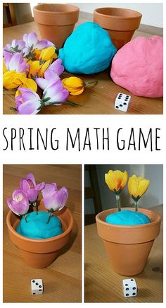 this is an image of spring math game with flowers in pots and dices on the ground