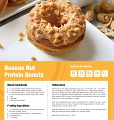 an advertisement for a peanut nut protein donut on a white plate with nuts in the background