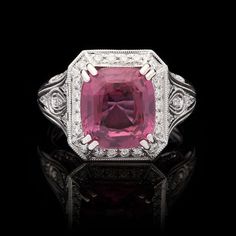 6.07ct Natural Pink Sapphire Ring | From a unique collection of vintage cocktail rings at http://www.1stdibs.com/jewelry/rings/cocktail-rings/ Sapphire Jewellery, Queens Jewels, Pink Jewels, Pink Diamonds, Pink Sapphire Ring, Jewelry Boards, Step Cut, Edwardian Fashion, Platinum Ring