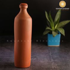 an orange vase sitting next to a blue potted plant