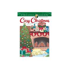 the cover of creative haven's cozy christmas coloring book, featuring a fireplace and presents