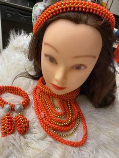 Hand made set 4 piece set African Beads Necklace, Beaded Crown, Orange Coral, Set Jewelry, Set Necklace, African Beads, Coral Beads, Bangle Set, Bridal Sets