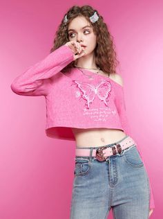 ❤︎Butterfly Off-Shoulder Short Long T❤︎ College Bags, Heart Bag, Long T, Short Long, Pink Ribbon, Off Shoulder, Womens Shirts, Super Cute, The Unit