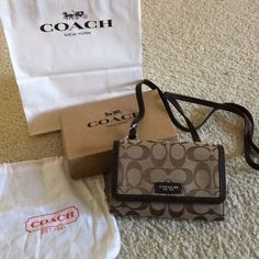 Brand New , Bought In Coach Store Comes With Dust Bag, Gift Box And Coach Paper Bag 6.25”W X 1.25”D X 4” H Strap Is About 24”L Compact Coach Bags, Compact Coach Bags For Daily Use, Compact Coach Bag For Everyday Use, Coach Brown Mobile Phone Bag, Coach Crossbody Bag With Card Slots, Coach Bags With Card Slots For Gift, Beige Rectangular Wallet On Chain For Everyday Use, Coach Rectangular Bags With Card Slots, Coach Crossbody Wallet For Travel