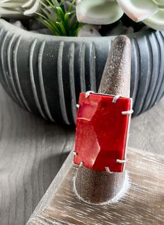 Red Coral Ring Red Rectangular Ring With Polished Finish, Red Rectangular Rings With Polished Finish, Rectangular Red Rings With Polished Finish, Red Rectangular Stone Jewelry Gift, Red Rectangular Stone Jewelry For Gifts, Red Rectangular Sterling Silver Jewelry, Red Sterling Silver Rectangular Rings, Rectangular Red Sterling Silver Jewelry, Red Rectangular Jewelry With Polished Finish