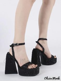 Olivia Mark - Exquisite Block Heel Sandals with Square Toe, Platform, Rhinestones, and Ankle Strap for Stylish Party Attire Party Attire, Stylish Party, Block Heel Sandals, Block Heels Sandal, Olivia Mark, Heel Sandals, Block Heels, Ankle Strap, Sandals Heels