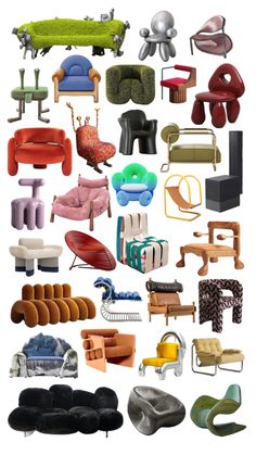 an assortment of different types of chairs and couches in various colors, shapes and sizes