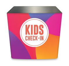 a colorful box with the words kids check - in on it's front and side