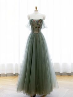 A-Line Green Tulle Long Prom Dress, Off the Shoulder Evening Party Dress Green Organza Evening Dress For Prom, Green Organza Dress With Sweetheart Neckline, Green Organza Dress For Prom Season, Green Organza Evening Dress, Green Organza Evening Dress For Banquet, Green Tulle Bridesmaid Dress For Party, Green Dresses With Sweep Train For Banquet, Green Dress With Sweep Train For Banquet, Tulle Maxi Length Dress For Banquet