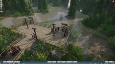 a computer screen shot of people walking on a bridge in the middle of a forest