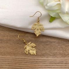 Beautiful Autumn Inspired Leaf drop earrings. The detail on these leaves are very intricate and precise, replicating the leaf exactly, they almost look real.  Material type - Gold Plated or Silver Plated Dimensions - Leaf (W) 20mm x (H) 22mm with a drop length of 38mm on the French wire earring fitting.  We use Royal Mail second and first class for UK orders, and International standard for outside the UK orders. Orders are usually dispatched same or next working day.  * If choosing International Gold Leaf-shaped Earrings, Hypoallergenic Leaf-shaped Earrings, Gold Leaf Pendant, Wire Earring, French Wire Earrings, Moon And Star Earrings, Autumn Inspired, Birthday Bracelet, Book Jewelry