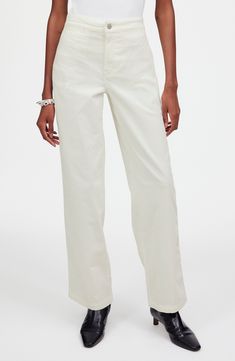 Madewell's iconic full-length wide-leg pants have a specially engineered high waist and welt pockets in front. Garment dyed for a deeply saturated hue, they come in supersoft stretch cotton-blend corduroy for an elevated wear-every-day look. 29 1/2" inseam; 20" leg opening; 11 1/2" front rise; 15" back rise (size 29) Zip fly with button closure Front welt pockets; back patch pockets 78% cotton, 21% modal, 1% elastane Machine wash, tumble dry Imported Pocket Edition, Corduroy Pants, Winter White, Welt Pockets, Welt Pocket, Stretch Cotton, Leg Pants, Wide Leg Pants, Madewell