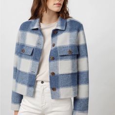 Nwt Plaid Cropped Jacket. Super Cute Wool Blue Buffalo Check, Rails Clothing, Blue Buffalo, Cozy Jacket, Stylish Coat, Checked Jacket, Wool Blend Jacket, Blue Coats, Plaid Design