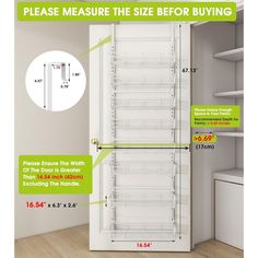 an image of a refrigerator with the measurements for it's door and bottom shelves