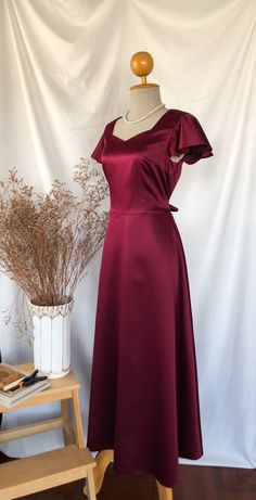 Alita Long Dress Burgundy Dress Wine Floor Length Dress - Etsy Elegant Short Sleeve Bridesmaid Evening Dress, Burgundy Satin Evening Dress For Wedding, Elegant Burgundy Evening Dress For Prom Season, Elegant Burgundy Evening Dress For Prom, Elegant Burgundy Wedding Gown, Elegant Red Bridesmaid Dress For Formal Occasions, Elegant Formal Burgundy Gown, Elegant Burgundy Formal Gown, Elegant Burgundy Prom Gown