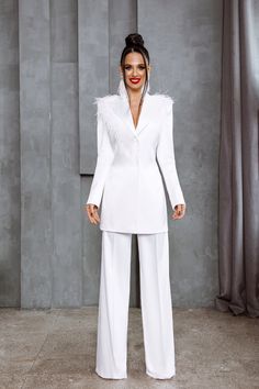 White 2-Piece Formal Pantsuit For Women With Elongated Deep V Jacket, Wide Belt And High Waisted Flared Pants. Bridal, Rehearsal Вinner Suit. White suit. Formal Pantsuit. Women's Pantsuit. Business Pantsuit. Pantsuit. White pantsuit. White set. Wedding suit. Bridal Pantsuit. Wedding Pantsuit Bridal Suit. Flare Pant Suit. Graduation Pantsuit, Wedding Pants Suit, Satin Pantsuit, 70s High Fashion, Pantsuit Wedding, Women's Pantsuit, Boujee Style, Formal Pantsuit, Pantsuit For Women