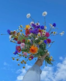 a person's hand holding a bouquet of wildflowers against a blue sky