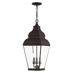 an outdoor hanging light fixture with three lights