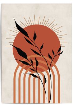 an orange and black poster with some plants in front of the sun that is setting