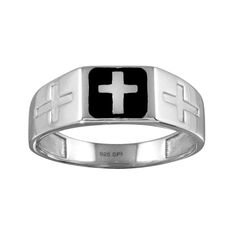 Silver 925 Rhodium Plated Black Enamel Cross Ring Metal: 925 Sterling Silver Finish: Rhodium Plated Top Of The Ring Width: 7.6mm Sterling Silver Enamel Ring With Polished Finish, Polished Sterling Silver Enamel Ring In White Gold, Sterling Silver White Gold Enamel Ring With Polished Finish, Polished White Gold Enamel Ring In Sterling Silver, White Gold Enamel Ring With Polished Sterling Silver, Sterling Silver Enamel Ring For Anniversary, Anniversary Enamel Ring With Polished Finish In Sterling Silver, Formal Silver Ring With Black Enamel, Silver Sterling Enamel Ring With Black Enamel