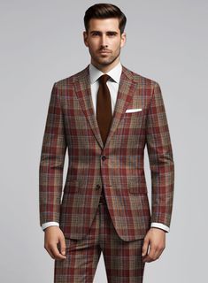 Immerse yourself in the essence of refined taste with our Noble Rafaela Check Wool Silk Linen Suit, meticulously crafted from a harmonious blend of wool, silk, and linen. This suit showcases a distinctive plaid texture in a blend of brown and maroon hues, interwoven with tasteful blue, emitting an air of polished style and conveying a sense of discerning taste, all while ensuring day-long comfort. Whether for a relaxed dinner or a high-stakes professional meeting, this suit is undeniably the per Elegant Plaid Tweed Jacket For Business Casual, Elegant Plaid Suit For Semi-formal Occasions, Elegant Plaid Suit With Notch Lapel, Elegant Plaid Tweed Jacket With Suit Collar, Luxury Plaid Wool Tweed Jacket, Luxury Plaid Suit For Formal Occasions, Elegant Plaid Tweed Blazer, Luxury Tweed Suits For Semi-formal Occasions, Luxury Semi-formal Tweed Suit