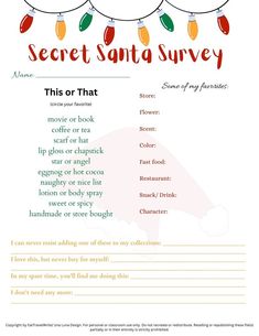 the secret santa survey is shown with christmas lights hanging from it's strings and words