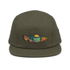 Mountain Trout Fly Fishing Camp Hat by Zissou MTN Gear - Etsy Adjustable 5-panel Baseball Cap For Fishing, Green Snapback Hat With Short Brim For Outdoor, Green 5-panel Trucker Hat For Outdoor, Green 5-panel Trucker Hat For Outdoor Activities, Green Baseball Cap For Outdoor Activities, Short Brim, Green Short Brim Baseball Cap For Outdoor Activities, Green 5-panel Snapback Hat For Camping, Camp Hat, Fly Fishing Flies Trout