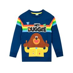 Kids Hey Duggee Sweatshirt. Your little pup will want to give this adorable sweater a big Duggee hug! This blue long sleeve top has a rainbow stripe across with 'YAY' written on the chest with a large print of everyone's favourite dog Dugge. Complete with printed badges of cutlery and a drink. Bring your little Squirrels imagination to life with this fun Hey Dugge sweater. The pawfect jumper for your little pups adventures Size: 7.  Gender: male. Fun Long Sleeve T-shirt For Playtime, Multicolor Long Sleeve Top With Cartoon Print, Playful Sweatshirt With Cartoon Print For Playwear, Playful Cartoon Print Sweatshirt For Playwear, Playful Crew Neck Sweatshirt For Playwear, Playful Cartoon Print Sweatshirt For Playtime, Playful Long Sleeve Sweatshirt For Playwear, Playful Long Sleeve Playwear Sweatshirt, Playful Blue Winter Sweatshirt