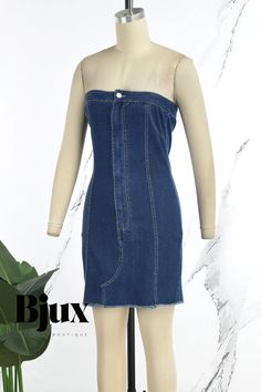 Bjux - Chic and Elegant Sleeveless Denim Dresses with Backless and Strapless Design Strapless Mini Dress In Medium Wash For Night Out, Stretch Medium Wash Sleeveless Denim Dress, Sleeveless Stretch Denim Dress In Medium Wash, Medium Wash Stretch Sleeveless Denim Dress, Summer Party Medium Wash Denim Dress, Spring Strapless Denim Dress For Night Out, Medium Wash Denim Dress For Summer Party, Strapless Medium Wash Denim Dress, Casual Backless Denim Dress